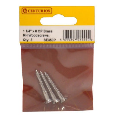 Centurion 1 1/4" x 8 CP Slotted Brass Woodscrews Raised Head Pack 3 SE350P