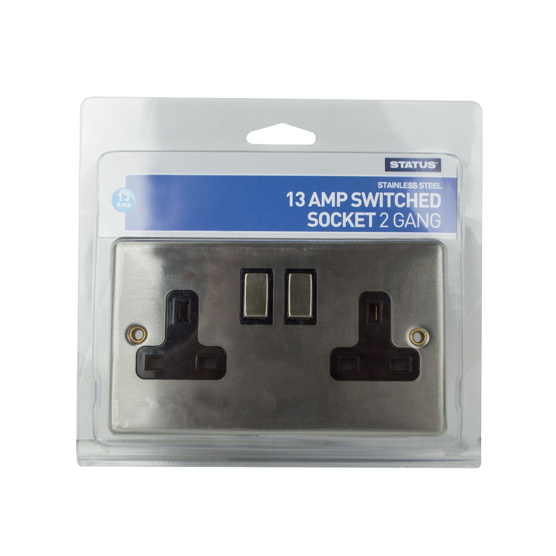 Status International Switched Wall Socket 2 Gang 13A Stainless Steel SSS2G13ASWS8