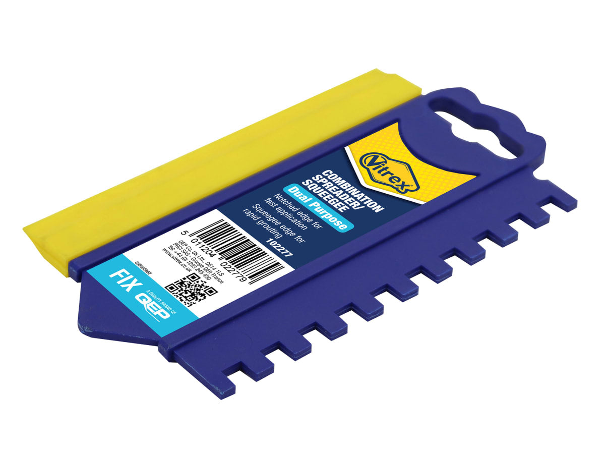 Vitrex blue and yellow combination spreader squeegee with notched adhesive edge and rubber squeegee edge