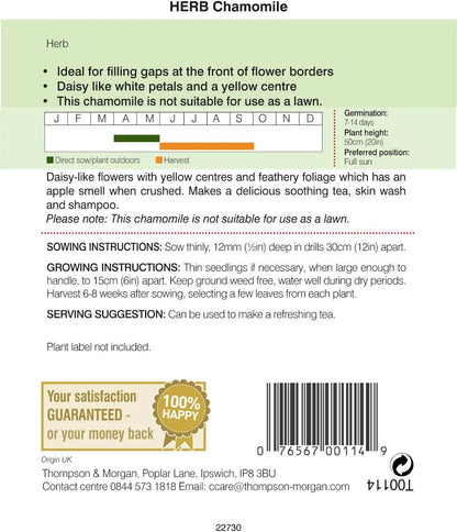 Back of Herb Chamomile seed packet with sowing, growing and harvesting instructions and barcode