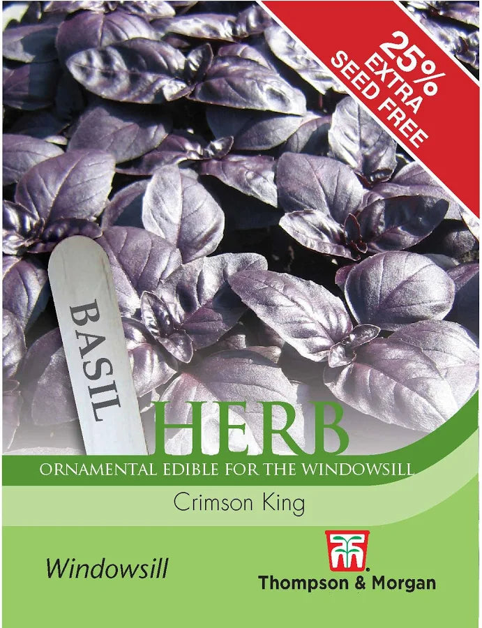 Thompson & Morgan Herb Basil Crimson King seed packet front showing purple basil leaves