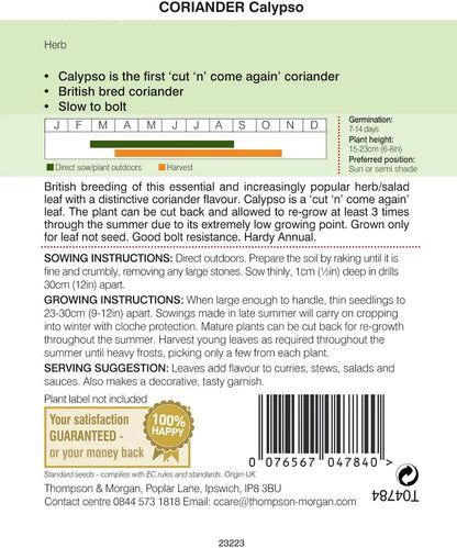 Back of Coriander Calypso seed packet with sowing, growing and harvest instructions and planting calendar