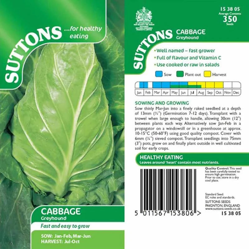 Suttons Cabbage Greyhound seed packet, 350 seeds, showing a large pale green pointed leaf