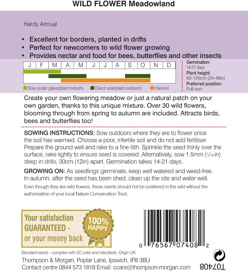 Back of Wild Flower Meadowland seed packet with sowing, growing and sowing calendar details