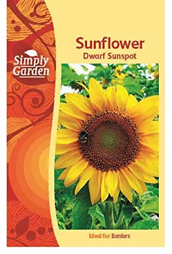 Simply Garden Sunflower Dwarf Sunspot seed packet showing a yellow bloom with a brown centre