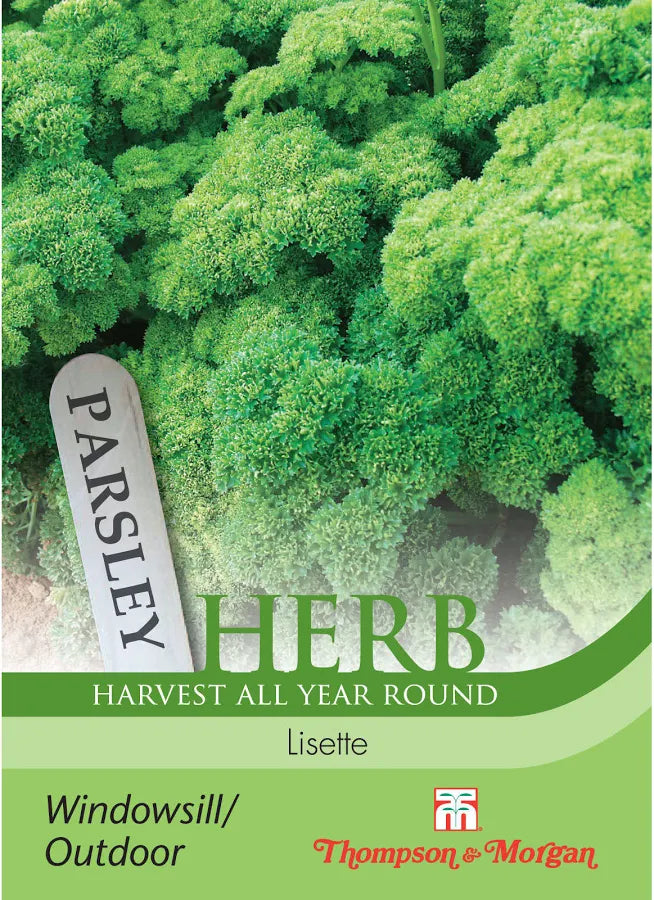 Thompson & Morgan Herb Parsley Lisette seed packet front, showing curly green parsley and windowsill/outdoor growing