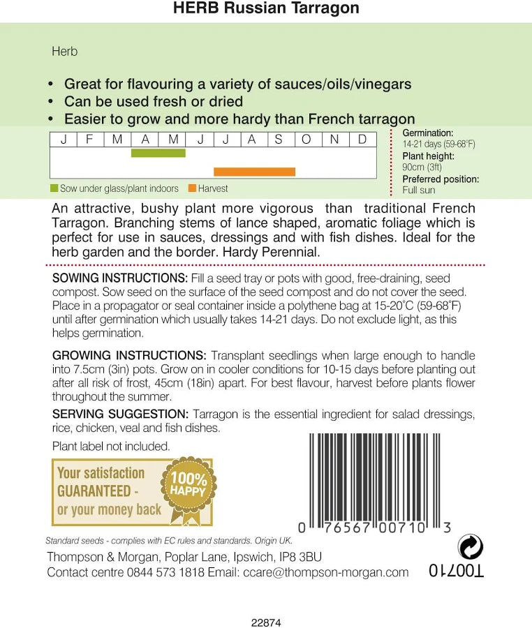 Back of Russian Tarragon seed packet with sowing, growing and harvest instructions