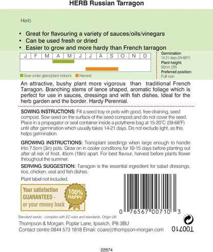 Back of Russian Tarragon seed packet with sowing, growing and harvest instructions