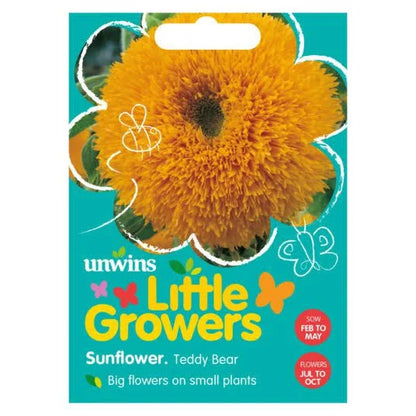 Unwins Little Growers Sunflower Teddy Bear seed packet, front, showing a fluffy golden double bloom