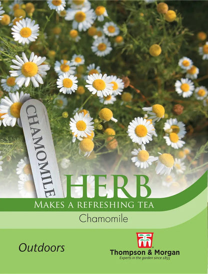 Thompson & Morgan Herb Chamomile seed packet front showing white daisy-like flowers with yellow centres