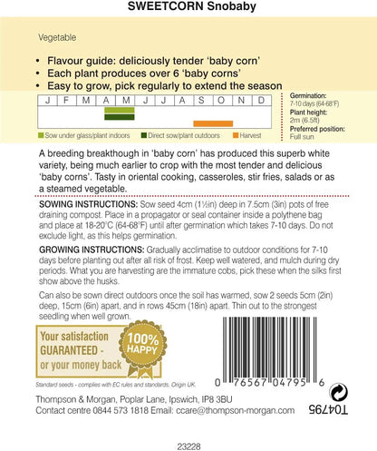 Back of Sweetcorn Snobaby seed packet with sowing and growing instructions, harvest calendar and barcode
