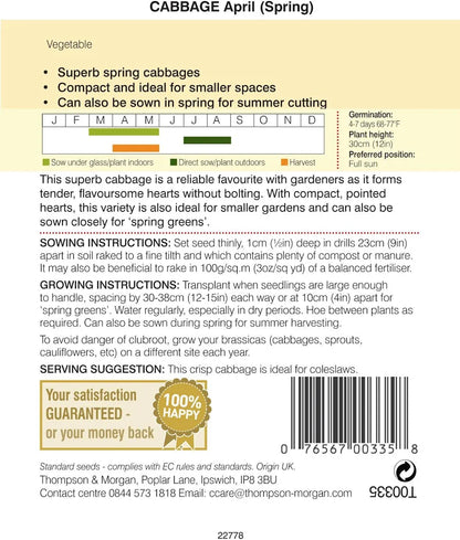 Thompson & Morgan Cabbage April (Spring) seed packet back with sowing dates, instructions and barcode