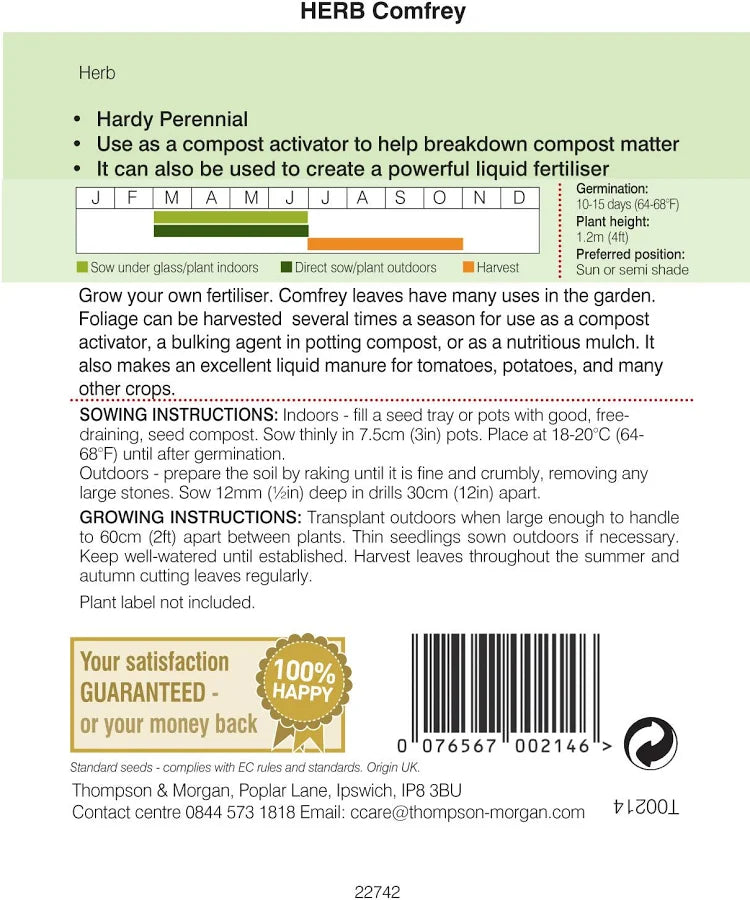Back of Herb Comfrey seed packet with sowing, growing and harvesting instructions