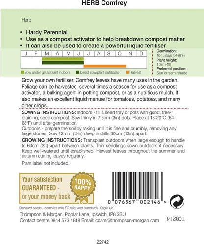 Back of Herb Comfrey seed packet with sowing, growing and harvesting instructions