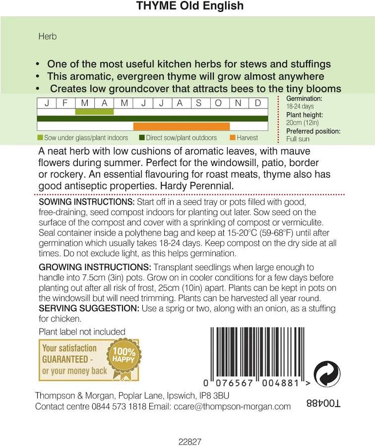 Back of Thyme Olde English seed packet with sowing and growing instructions, sowing calendar and barcode