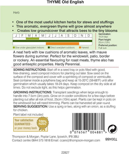 Back of Thyme Olde English seed packet with sowing and growing instructions, sowing calendar and barcode