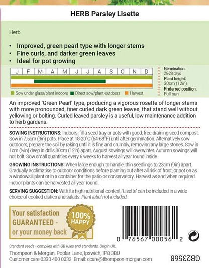 Back of Thompson & Morgan Herb Parsley Lisette packet with sowing calendar, growing instructions and germination details